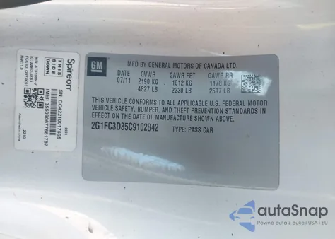 2012 Chevrolet Camaro 2Lt z USA, uszkodzony, nr VIN 2G1FC3D35C9102842